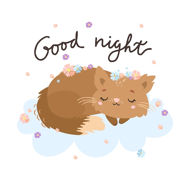 Free Vector good night greeting card with cat on the cloud.