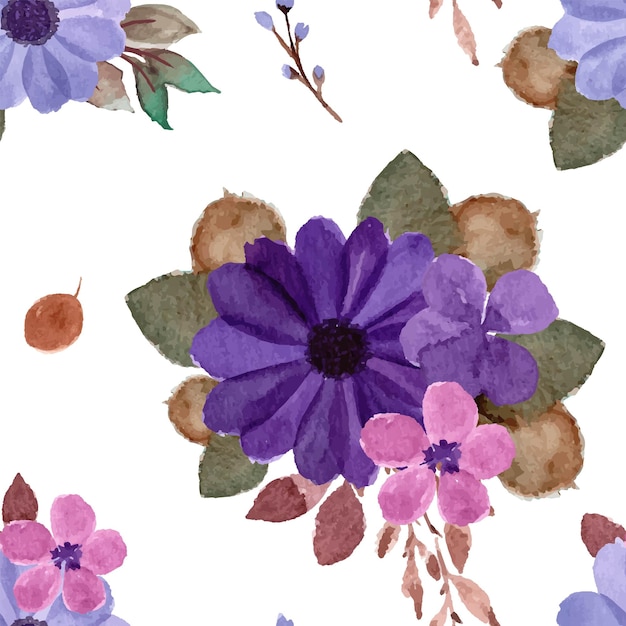 Free vector gorgeous purple watercolor floral seamless pattern