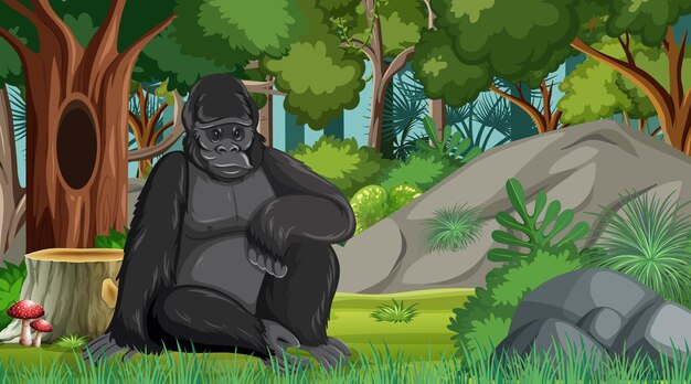 Gorilla in forest or rainforest scene with many trees