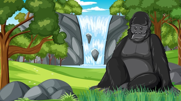 Gorilla in forest or rainforest scene with many trees