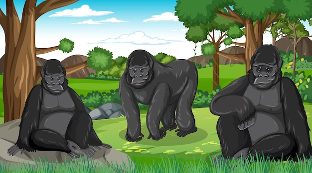 Gorilla group in forest or rainforest scene with many trees