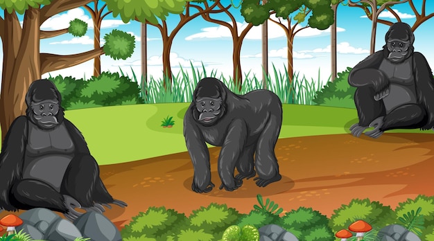 Gorilla group lives in forest or rainforest scene with many trees