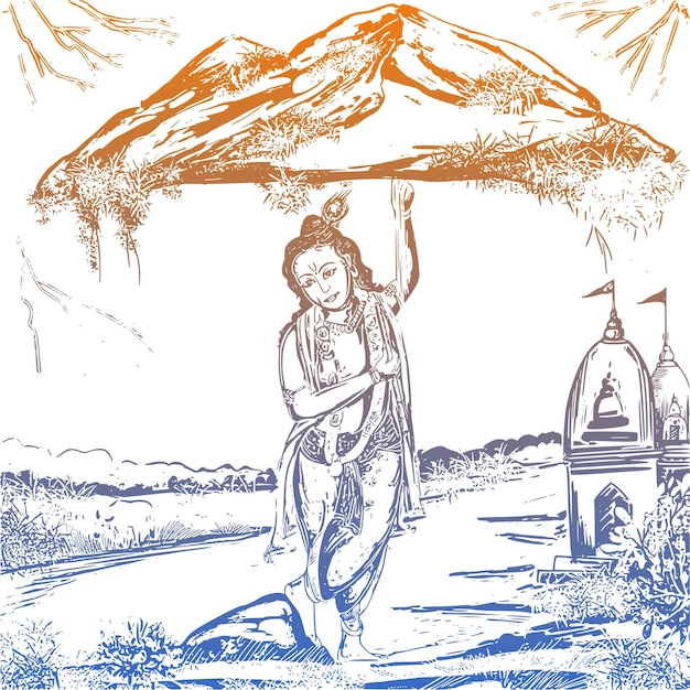 Free Vector govardhan puja with lord krishna hand draw sketch card background