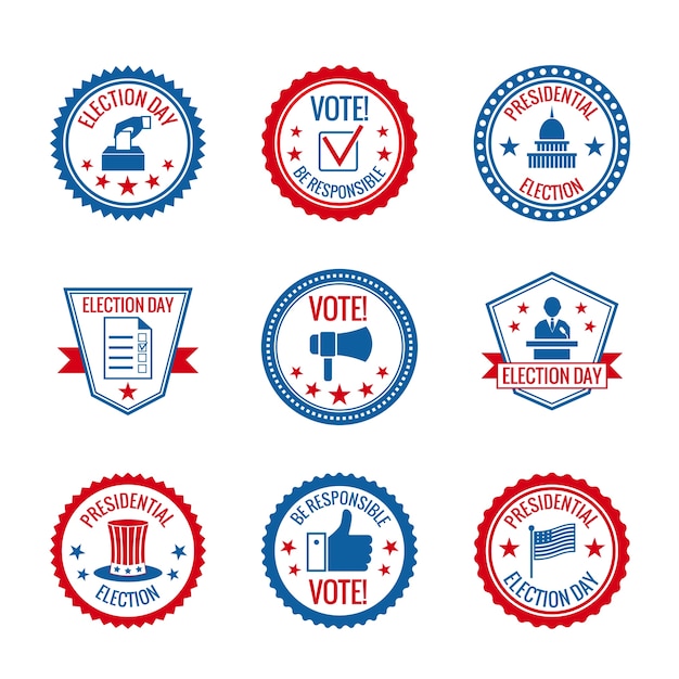 Government and presidential elections and voting labels set with capitol building person symbols isolated vector illustration