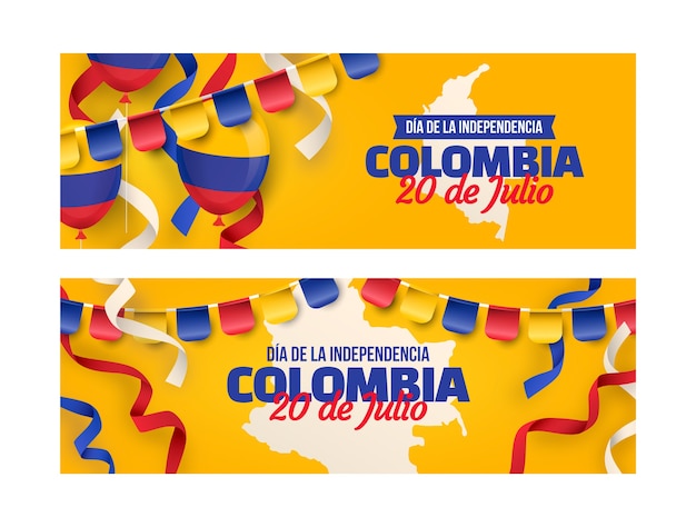 Gradient 20 de julio horizontal banners set with balloons and bunting