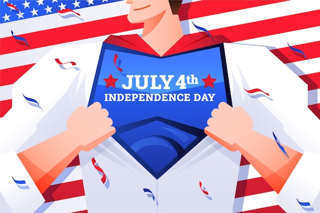 Gradient 4th of july background with man revealing costume