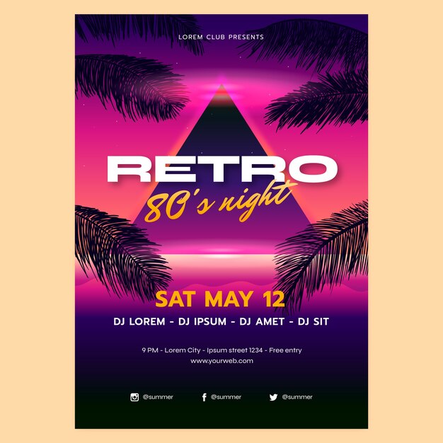 Gradient 80s retro party poster template for summertime