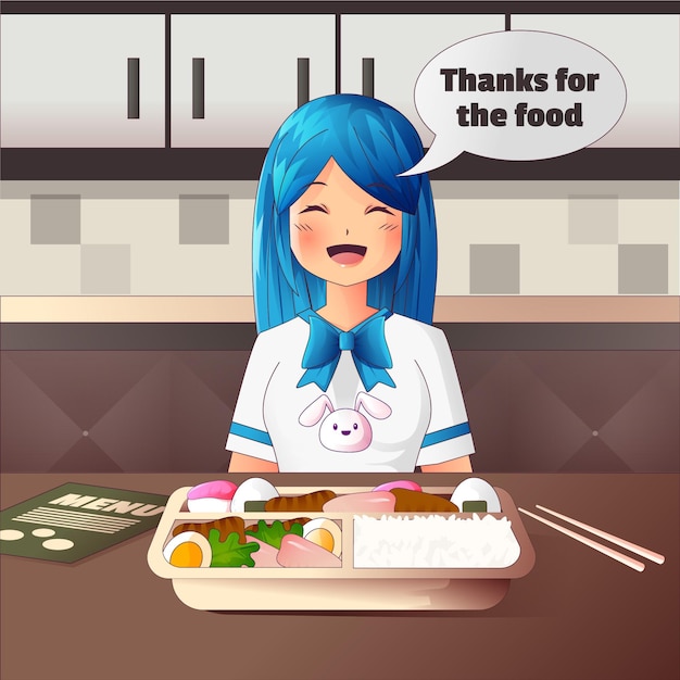 Free Vector gradient anime girl eating in a restaurant