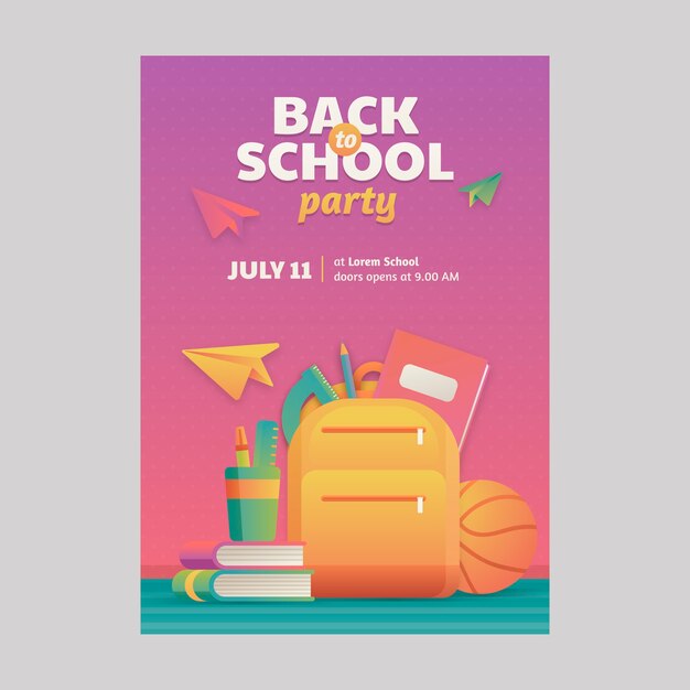 Gradient back to school party poster template with school supplies