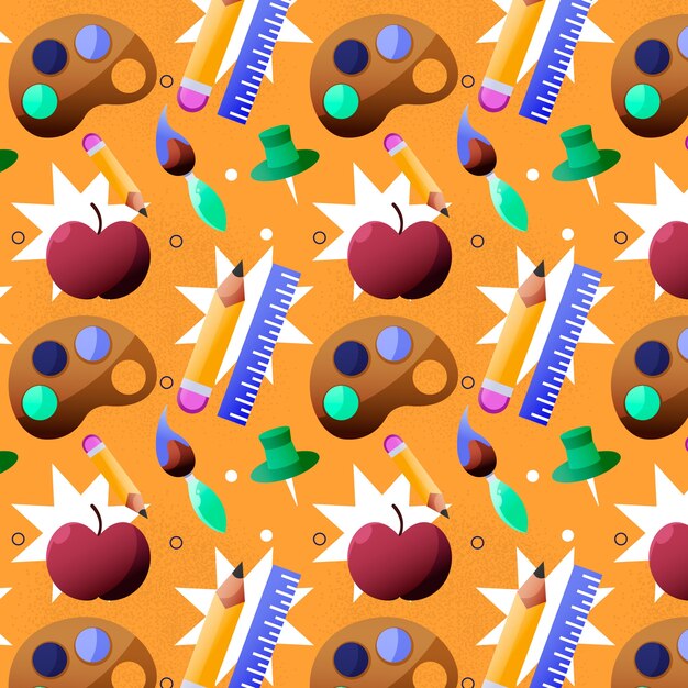 Gradient back to school pattern design with apples and paint palette