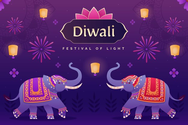 Gradient background for diwali festival celebration with elephants and lanterns