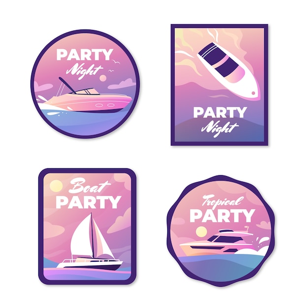 Free vector gradient boat party labels collection with boat on water at sunset