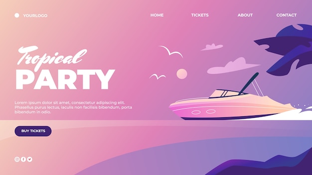 Free Vector gradient boat party landing page template with boat on water at sunset