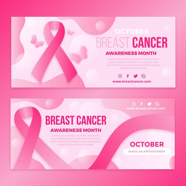 Gradient breast cancer awareness month horizontal banners set