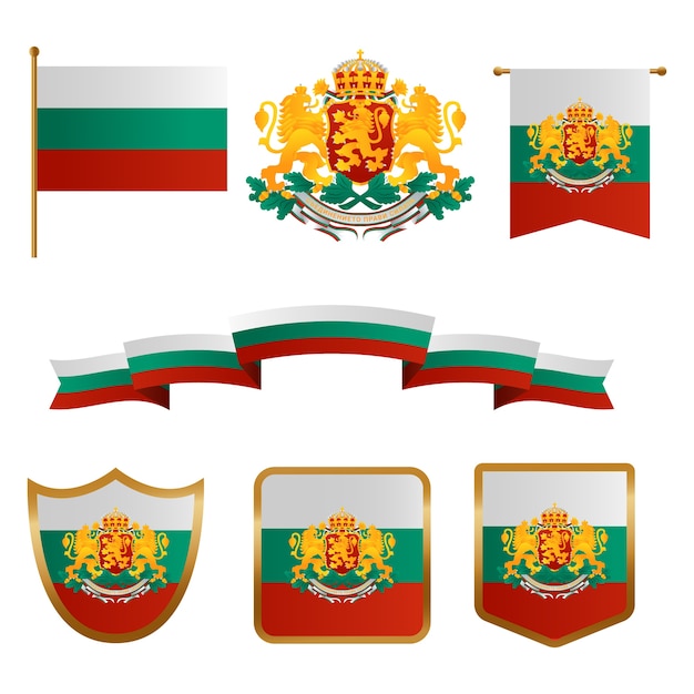 Gradient bulgarian flags and national emblems set