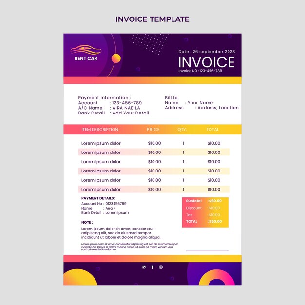 Gradient car rental invoice template