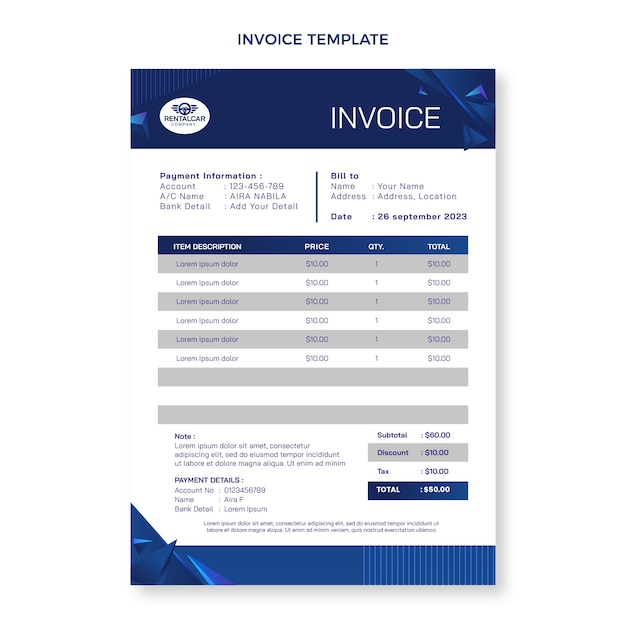 Gradient car rental invoice