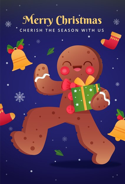 Gradient christmas season vertical wallpaper with gingerbread man holding present