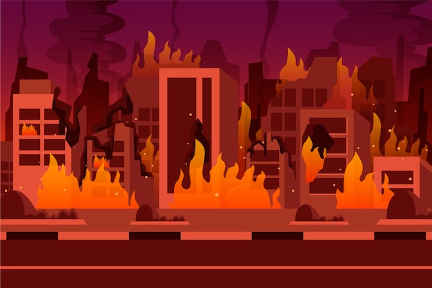 Free vector gradient city on fire background