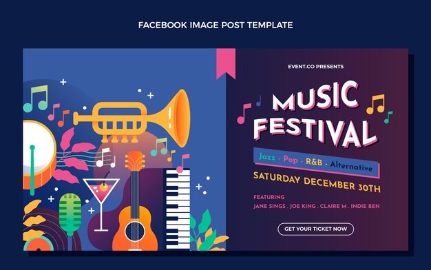 Gradient colorful music festival facebook post