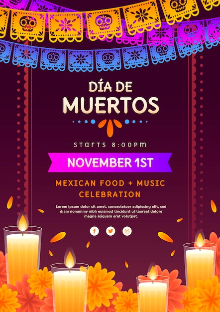 Gradient dia de muertos vertical poster template