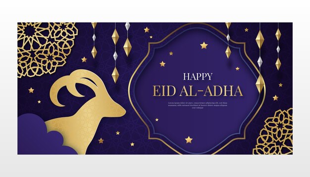 Gradient eid al-adha horizontal banner template with lanterns and ram