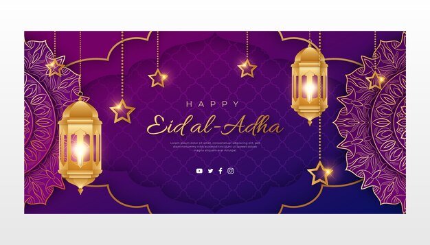 Gradient eid al-adha horizontal banner template with lanterns