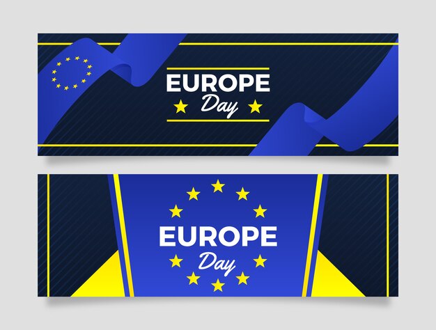 Gradient europe day horizontal banners pack