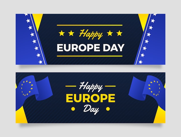 Gradient europe day horizontal banners pack