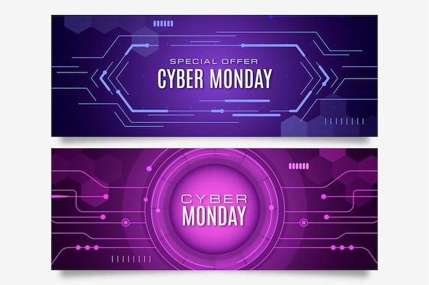 Gradient futuristic cyber monday horizontal banners set