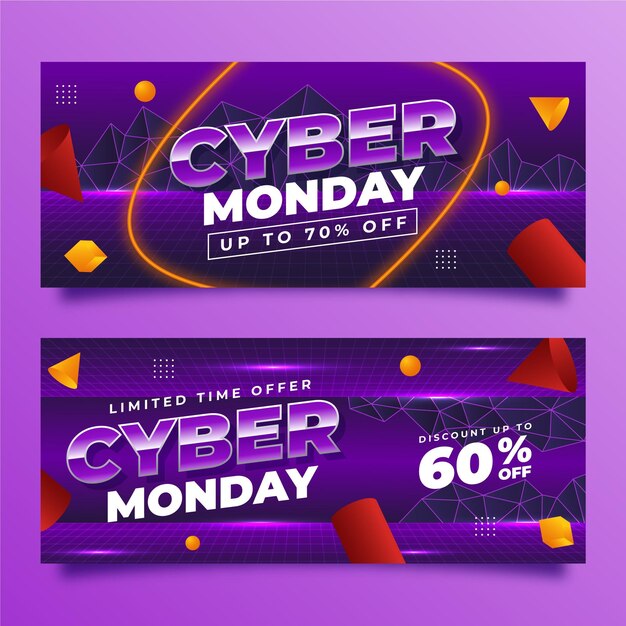 Gradient futuristic cyber monday horizontal banners set