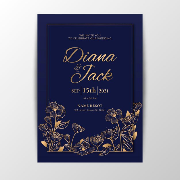 Gradient golden floral wedding invitation