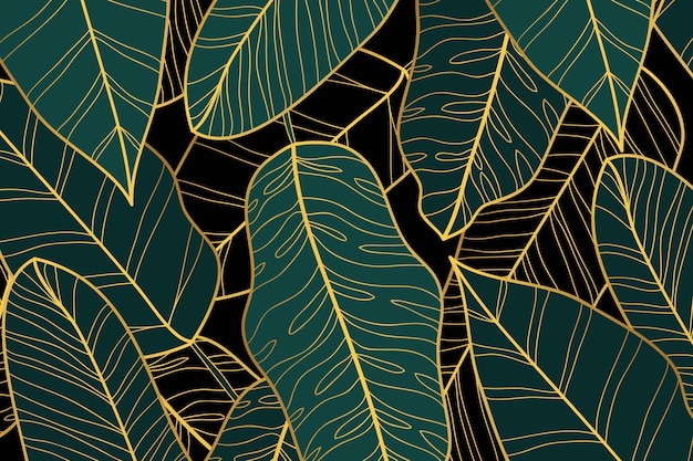 Gradient golden linear background with banana leaves