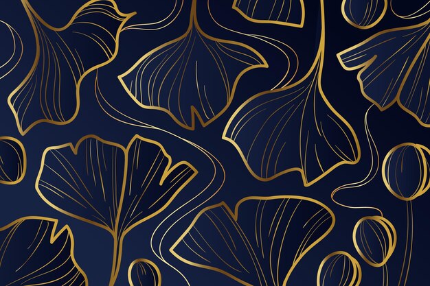 Gradient golden linear background with ginkgo biloba leaves