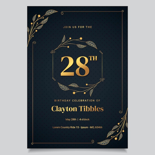 Gradient golden luxury birthday invitation template