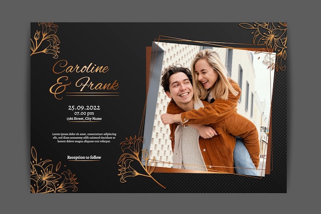 Gradient golden luxury wedding invitation template with photo