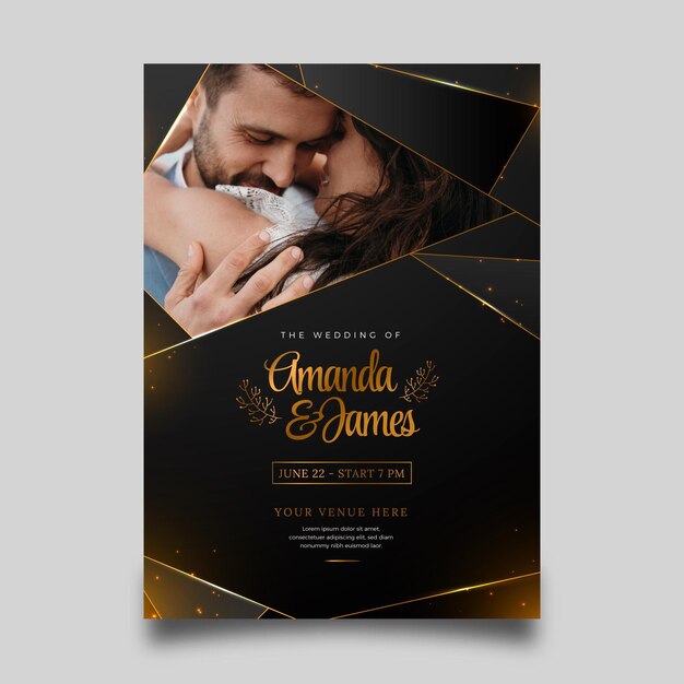 Gradient golden luxury wedding invitation with photo