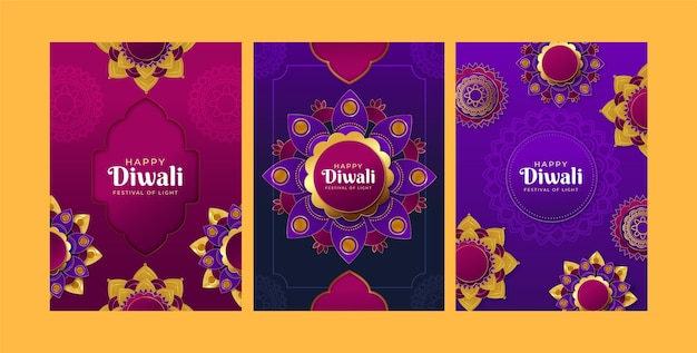 Gradient greeting cards collection for diwali festival celebration