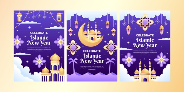 Gradient greeting cards collection for islamic new year celebration