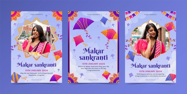 Free Vector gradient greeting cards collection for makar sankranti festival