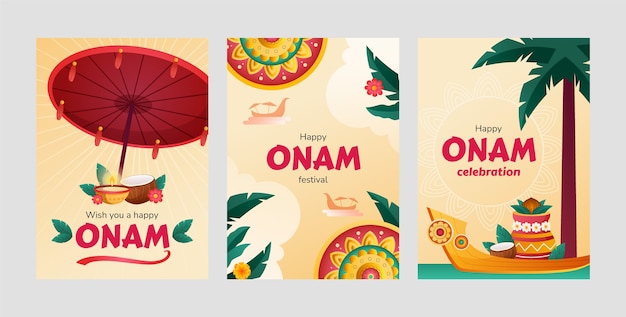 Free Vector gradient greeting cards collection for onam festival celebration