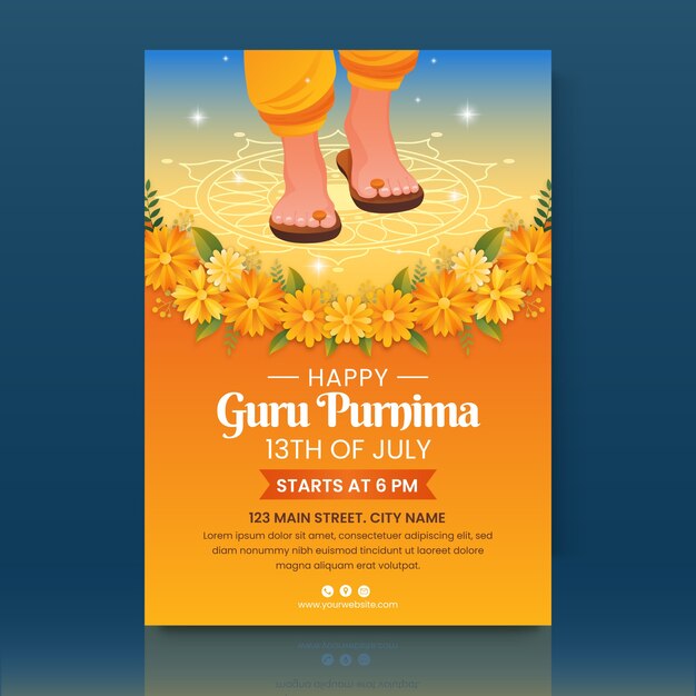 Gradient guru purnima vertical poster template with feet and flowers