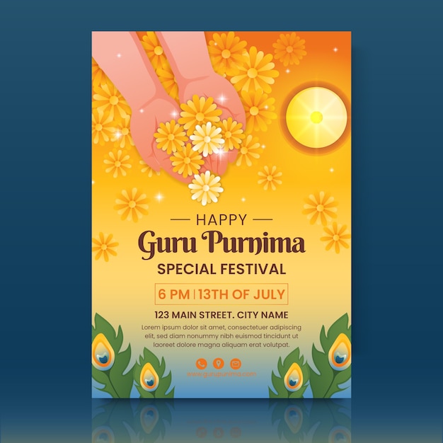 Gradient guru purnima vertical poster template with hands holding flowers