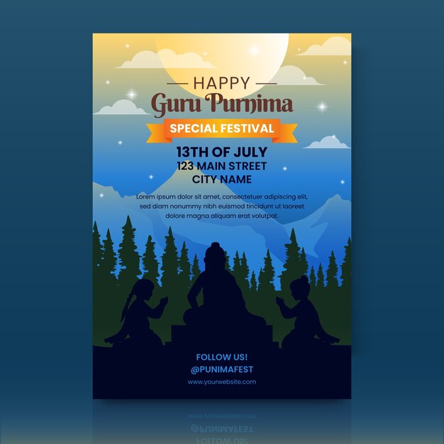 Gradient guru purnima vertical poster template with nature and people praying