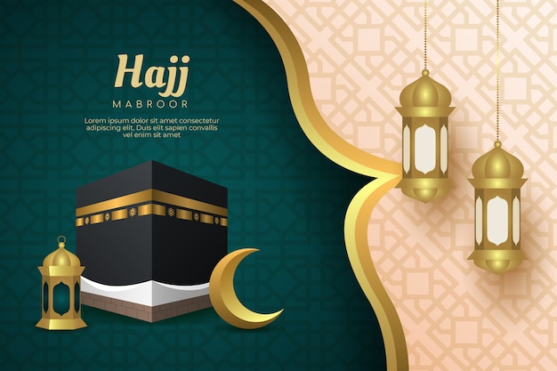 Gradient hajj background with mecca and lanterns