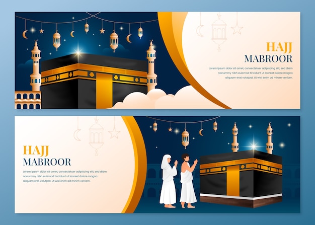 Gradient hajj horizontal banners set with mecca and people praying