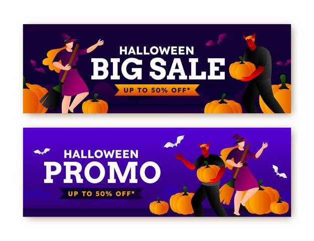 Gradient halloween sale horizontal banners set