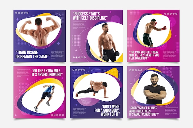 Free Vector gradient health and fitness instagram posts collection with photo