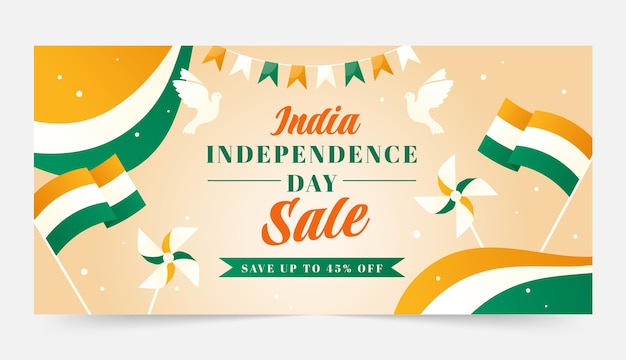 Free vector gradient horizontal banner template for india independence day celebration