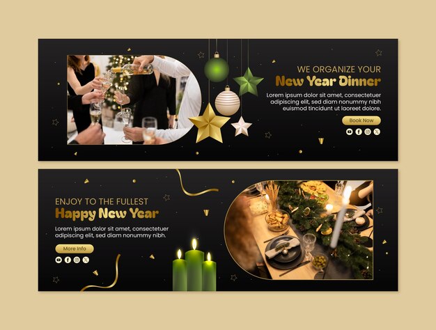 Gradient horizontal banner template for new year 2024 with candles and christmas ornaments